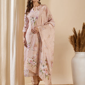 Floral Printed & Embroidered Straight Kurta with Pant & Dupatta - Pink