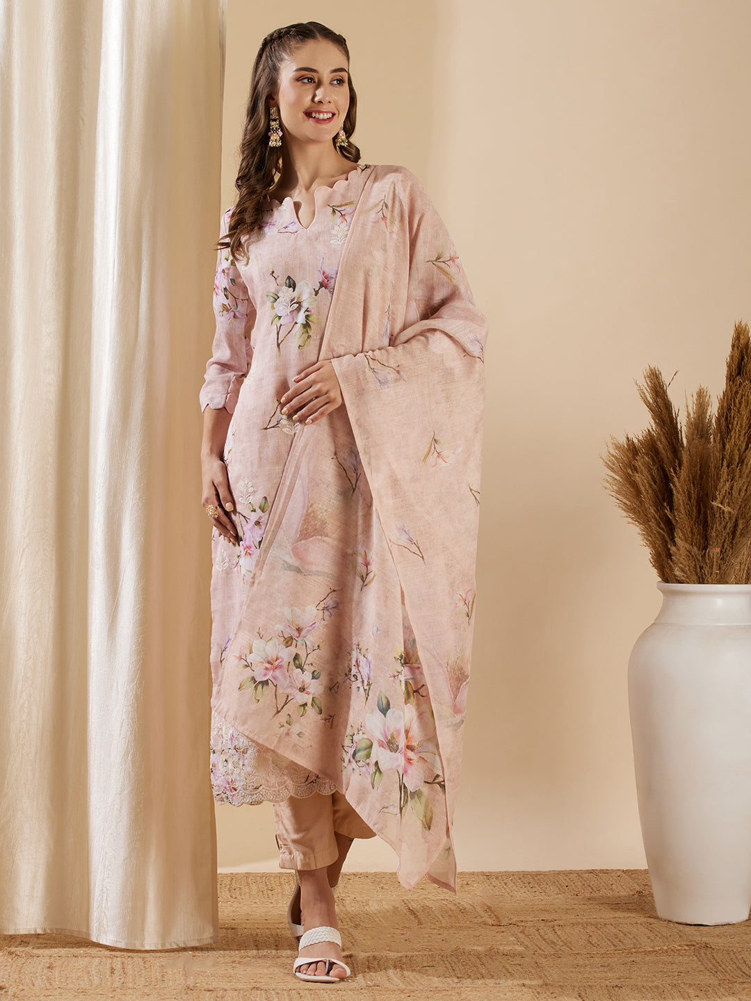 Floral Printed & Embroidered Straight Kurta with Pant & Dupatta - Pink