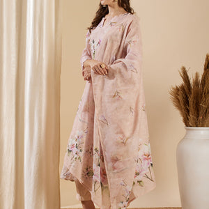 Floral Printed & Embroidered Straight Kurta with Pant & Dupatta - Pink