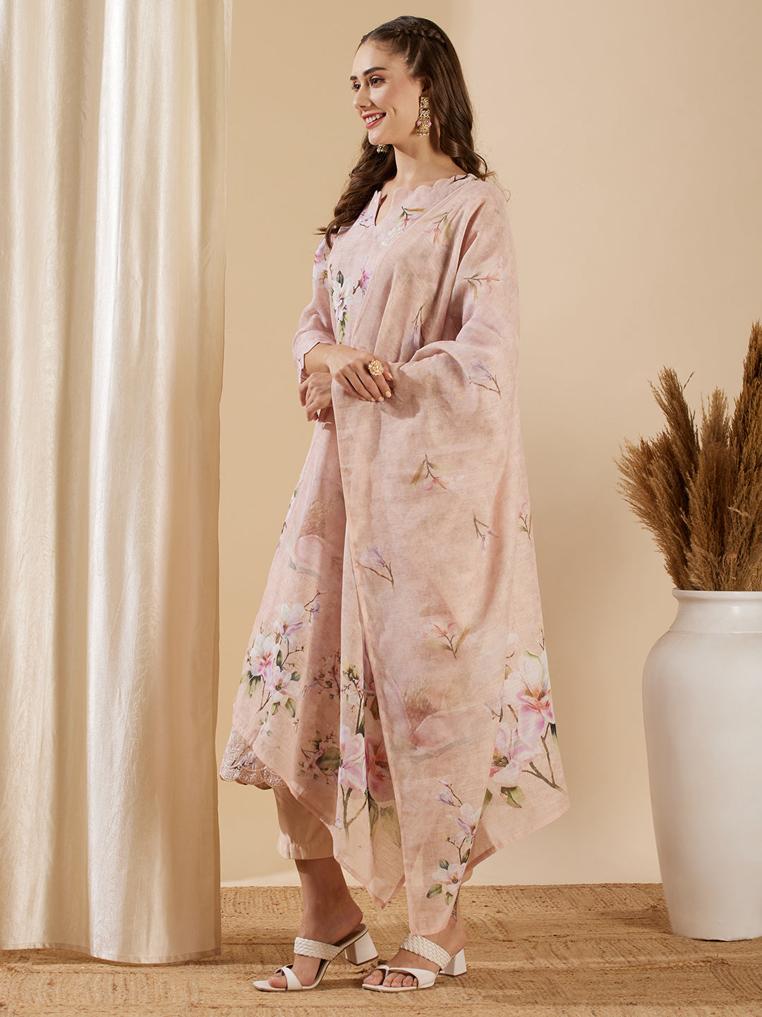 Floral Printed & Embroidered Straight Kurta with Pant & Dupatta - Pink