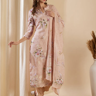 Floral Printed & Embroidered Straight Kurta with Pant & Dupatta - Pink