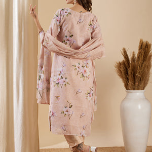 Floral Printed & Embroidered Straight Kurta with Pant & Dupatta - Pink