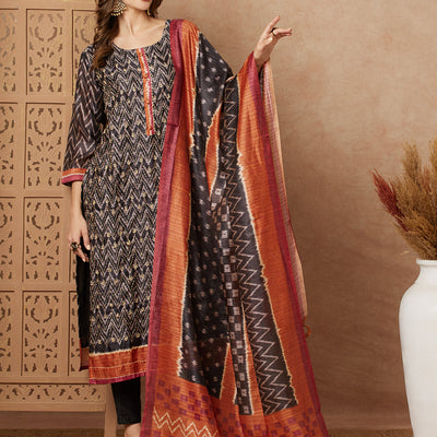 Ethnic Chevron Printed & Kantha Embroidered Straight Fit Kurta with Pant and Dupatta - Black