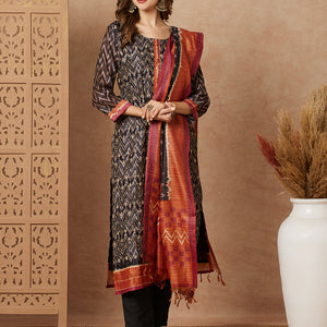 Ethnic Chevron Printed & Kantha Embroidered Straight Fit Kurta with Pant and Dupatta - Black