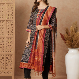 Ethnic Chevron Printed & Kantha Embroidered Straight Fit Kurta with Pant and Dupatta - Black
