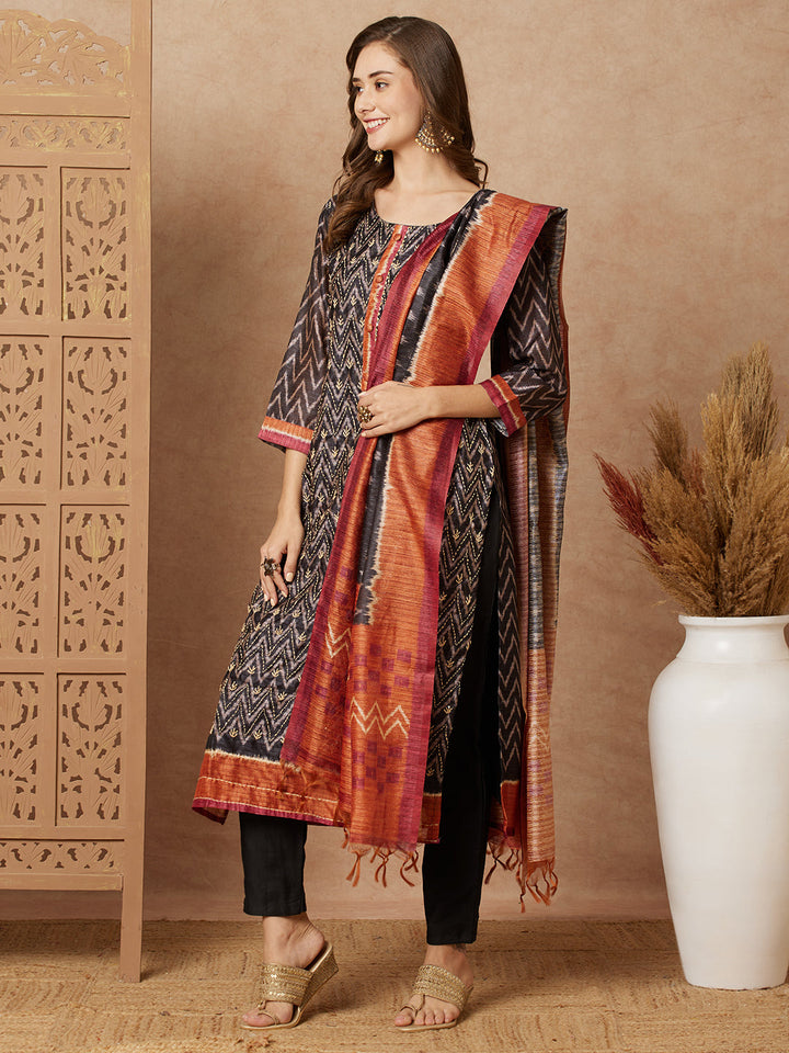 Ethnic Chevron Printed & Kantha Embroidered Straight Fit Kurta with Pant and Dupatta - Black