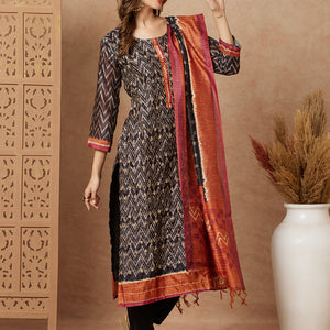 Ethnic Chevron Printed & Kantha Embroidered Straight Fit Kurta with Pant and Dupatta - Black