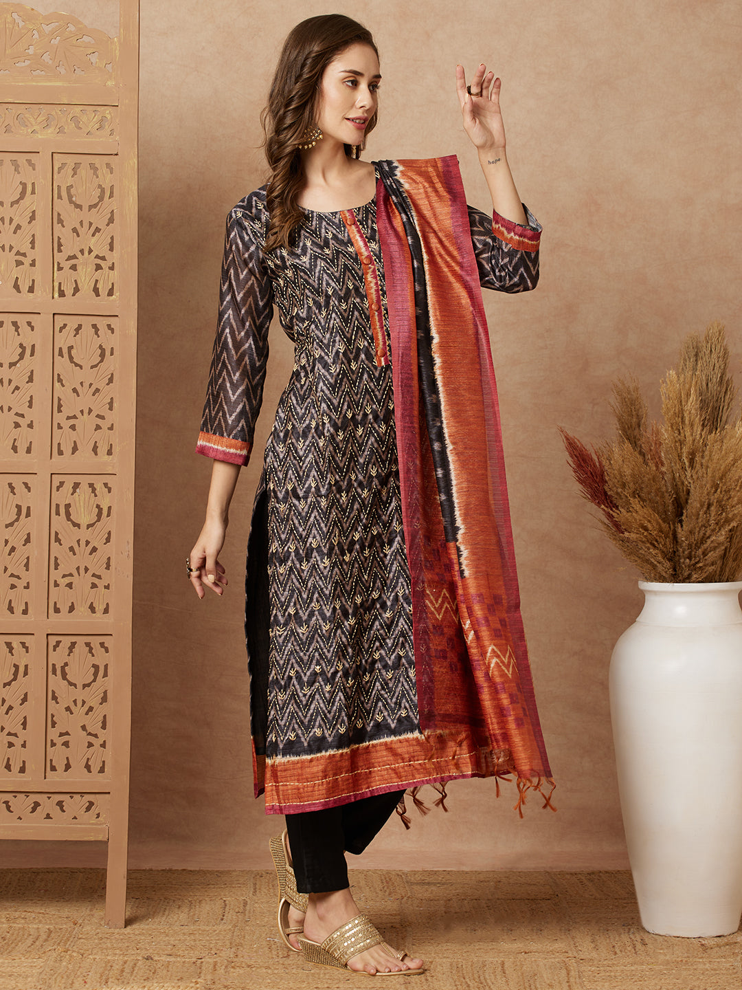 Ethnic Chevron Printed & Kantha Embroidered Straight Fit Kurta with Pant and Dupatta - Black