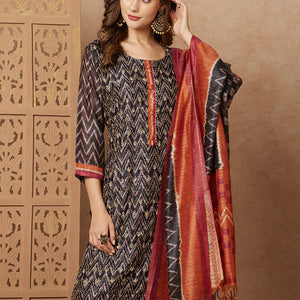 Ethnic Chevron Printed & Kantha Embroidered Straight Fit Kurta with Pant and Dupatta - Black