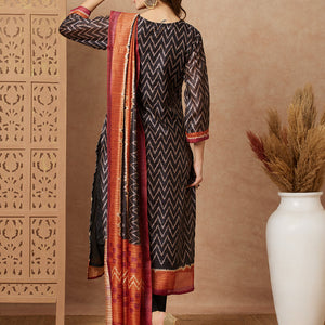 Ethnic Chevron Printed & Kantha Embroidered Straight Fit Kurta with Pant and Dupatta - Black