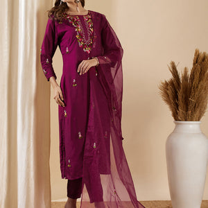Solid Floral Hand Embroidered Straight Kurta with Pant & Dupatta - Burgundy