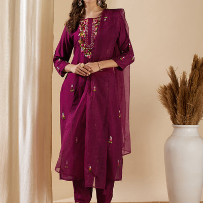 Solid Floral Hand Embroidered Straight Kurta with Pant & Dupatta - Burgundy