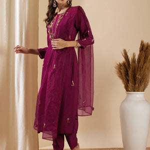Solid Floral Hand Embroidered Straight Kurta with Pant & Dupatta - Burgundy