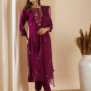 Solid Floral Hand Embroidered Straight Kurta with Pant & Dupatta - Burgundy