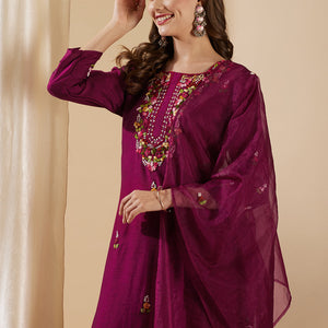 Solid Floral Hand Embroidered Straight Kurta with Pant & Dupatta - Burgundy