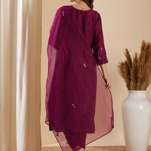 Solid Floral Hand Embroidered Straight Kurta with Pant & Dupatta - Burgundy