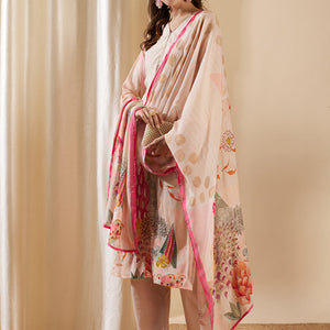 Floral Abstract Printed & Embroidered Straight Kurta with Pant & Dupatta - Rose Gold