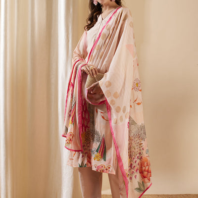 Floral Abstract Printed & Embroidered Straight Kurta with Pant & Dupatta - Rose Gold