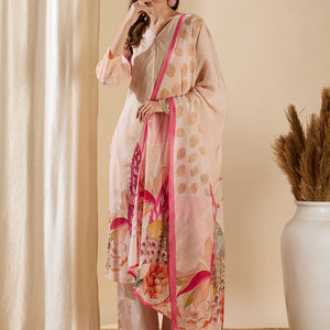 Floral Abstract Printed & Embroidered Straight Kurta with Pant & Dupatta - Rose Gold