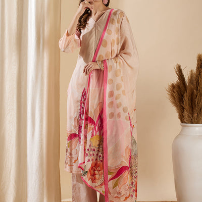 Floral Abstract Printed & Embroidered Straight Kurta with Pant & Dupatta - Rose Gold