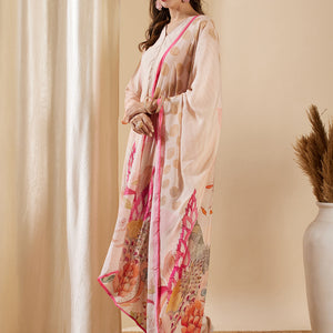 Floral Abstract Printed & Embroidered Straight Kurta with Pant & Dupatta - Rose Gold