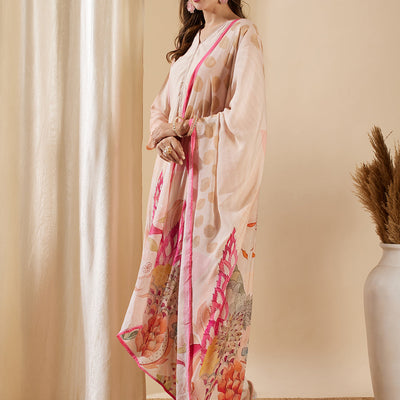 Floral Abstract Printed & Embroidered Straight Kurta with Pant & Dupatta - Rose Gold