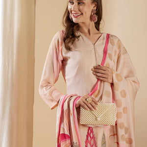 Floral Abstract Printed & Embroidered Straight Kurta with Pant & Dupatta - Rose Gold
