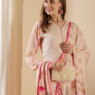 Floral Abstract Printed & Embroidered Straight Kurta with Pant & Dupatta - Rose Gold