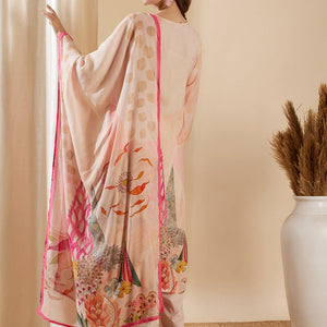 Floral Abstract Printed & Embroidered Straight Kurta with Pant & Dupatta - Rose Gold