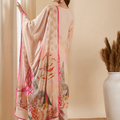 Floral Abstract Printed & Embroidered Straight Kurta with Pant & Dupatta - Rose Gold