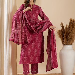 Ethnic Leaf Printed & Embroidered Straight Kurta with Pant & Dupatta - Magenta