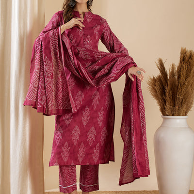Ethnic Leaf Printed & Embroidered Straight Kurta with Pant & Dupatta - Magenta