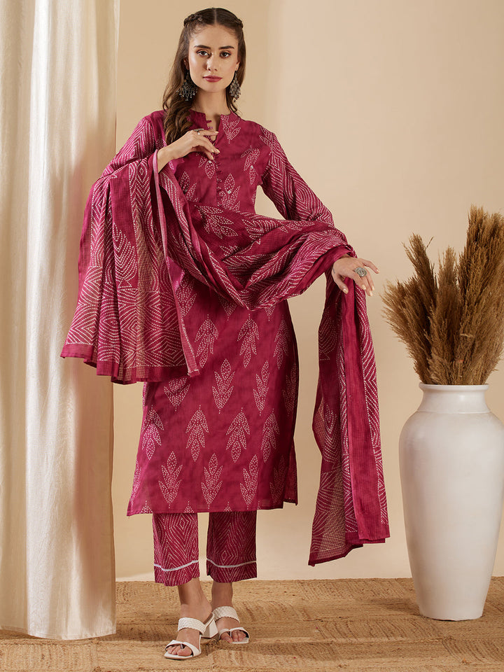 Ethnic Leaf Printed & Embroidered Straight Kurta with Pant & Dupatta - Magenta