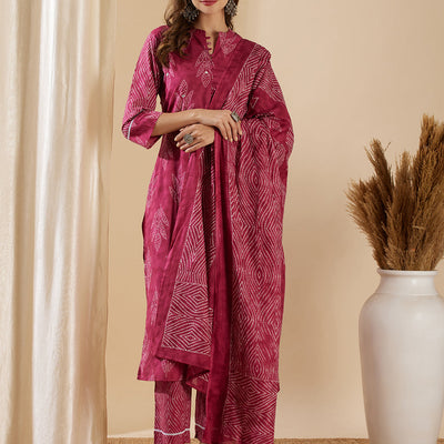 Ethnic Leaf Printed & Embroidered Straight Kurta with Pant & Dupatta - Magenta