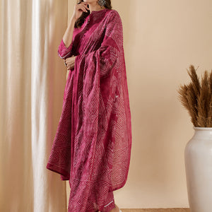 Ethnic Leaf Printed & Embroidered Straight Kurta with Pant & Dupatta - Magenta
