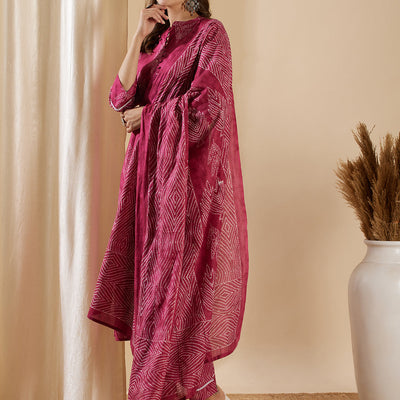 Ethnic Leaf Printed & Embroidered Straight Kurta with Pant & Dupatta - Magenta