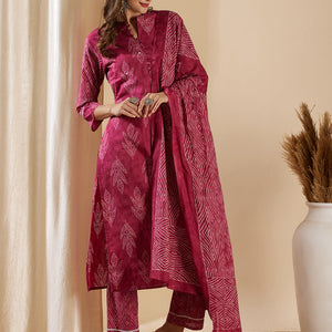 Ethnic Leaf Printed & Embroidered Straight Kurta with Pant & Dupatta - Magenta