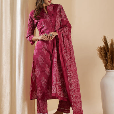 Ethnic Leaf Printed & Embroidered Straight Kurta with Pant & Dupatta - Magenta