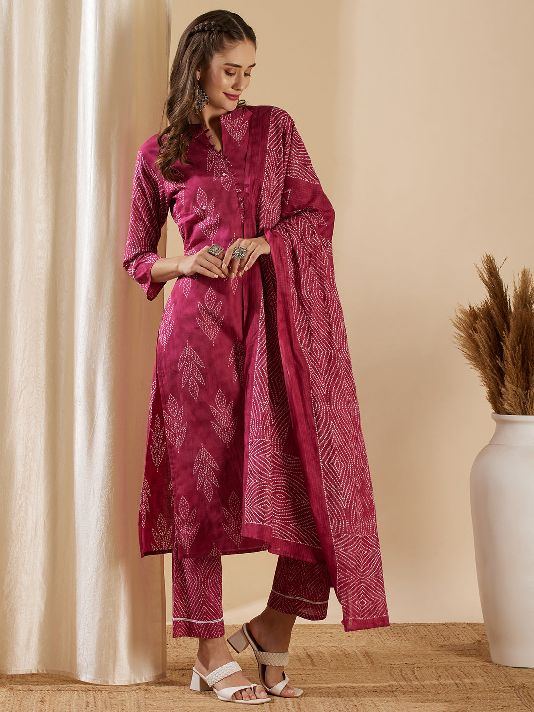 Ethnic Leaf Printed & Embroidered Straight Kurta with Pant & Dupatta - Magenta