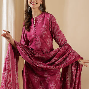 Ethnic Leaf Printed & Embroidered Straight Kurta with Pant & Dupatta - Magenta