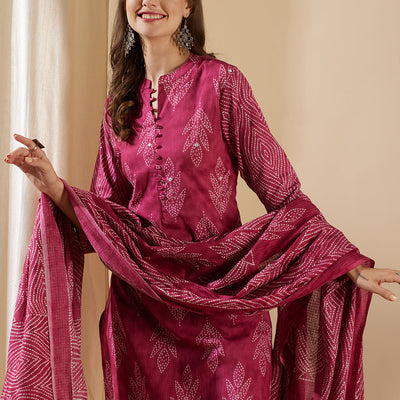 Ethnic Leaf Printed & Embroidered Straight Kurta with Pant & Dupatta - Magenta