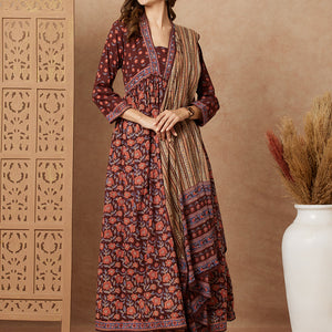 Floral Printed & Embroidered A-Line Pleated Kurta with Pant and Dupatta - Brown