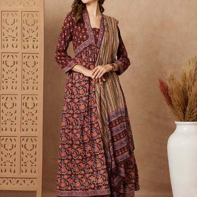 Floral Printed & Embroidered A-Line Pleated Kurta with Pant and Dupatta - Brown