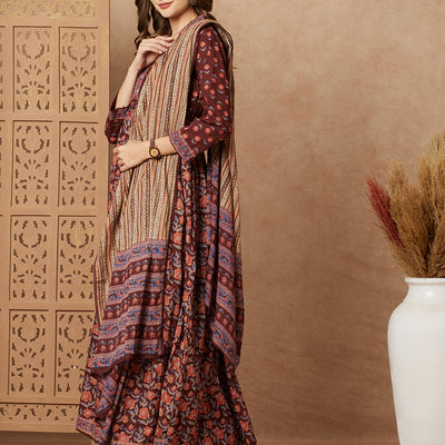 Floral Printed & Embroidered A-Line Pleated Kurta with Pant and Dupatta - Brown