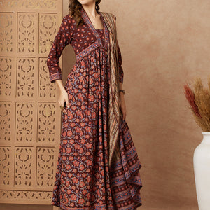 Floral Printed & Embroidered A-Line Pleated Kurta with Pant and Dupatta - Brown