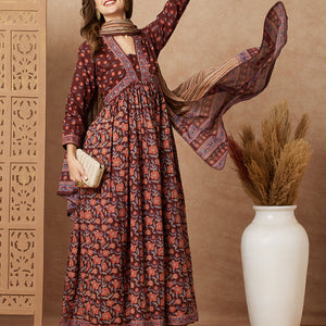 Floral Printed & Embroidered A-Line Pleated Kurta with Pant and Dupatta - Brown
