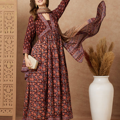 Floral Printed & Embroidered A-Line Pleated Kurta with Pant and Dupatta - Brown