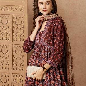 Floral Printed & Embroidered A-Line Pleated Kurta with Pant and Dupatta - Brown