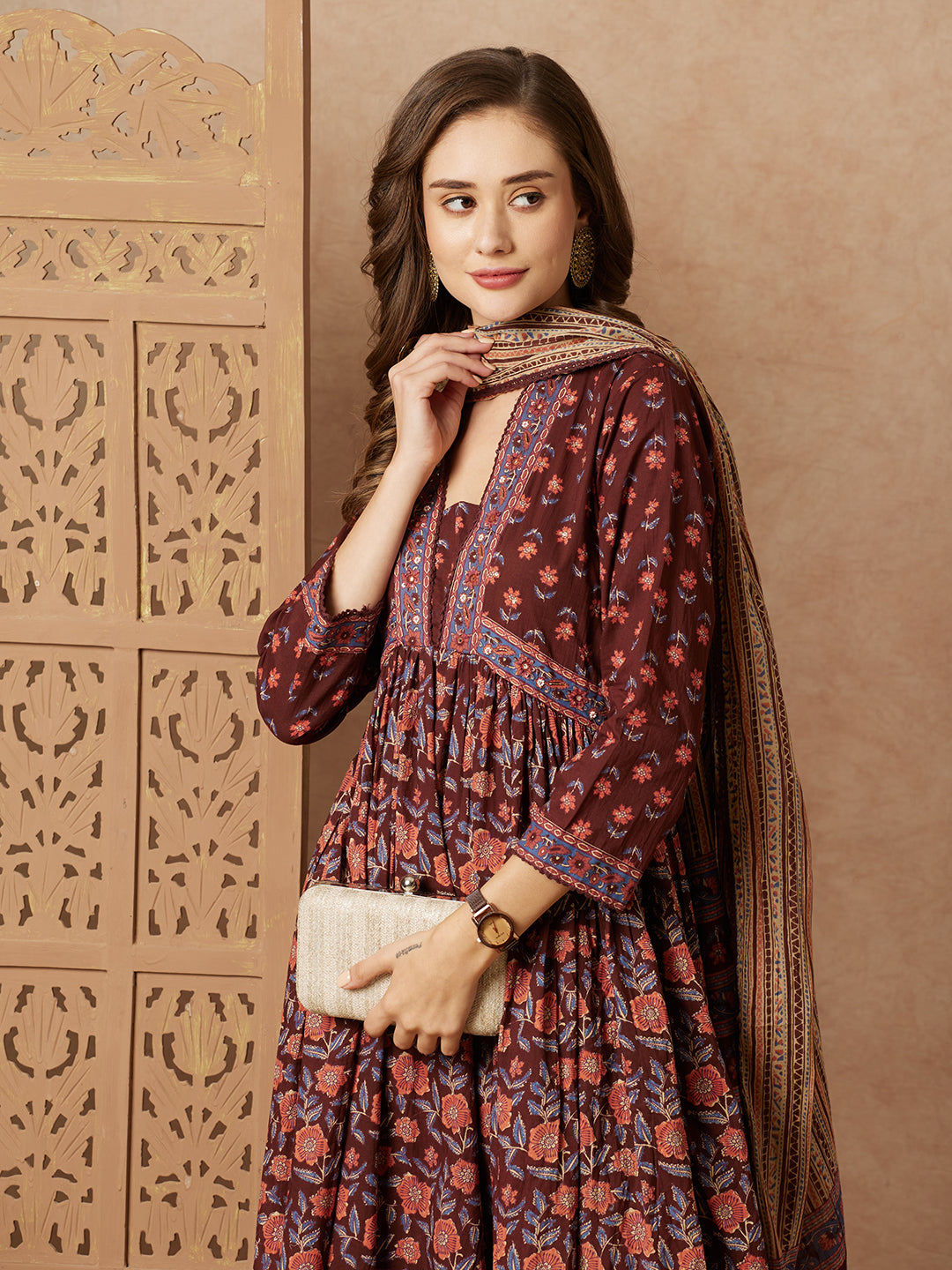 Floral Printed & Embroidered A-Line Pleated Kurta with Pant and Dupatta - Brown