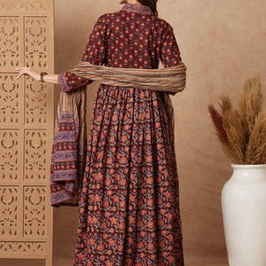 Floral Printed & Embroidered A-Line Pleated Kurta with Pant and Dupatta - Brown